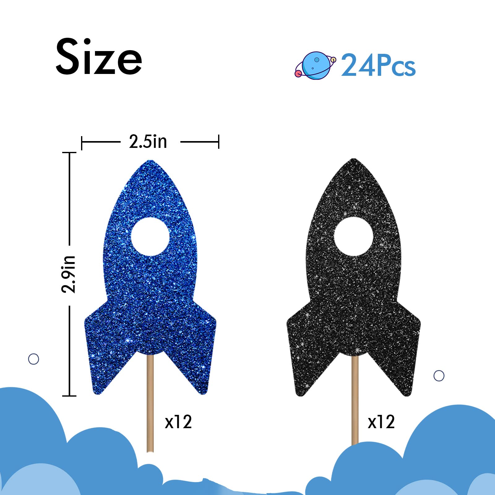 24PCS Rocket Ship Cupcake Toppers, Baby Shower Party Decor for Boys, Astronaut Dessert Picks, Outer Space Themed Birthday Party Decoration - Blue