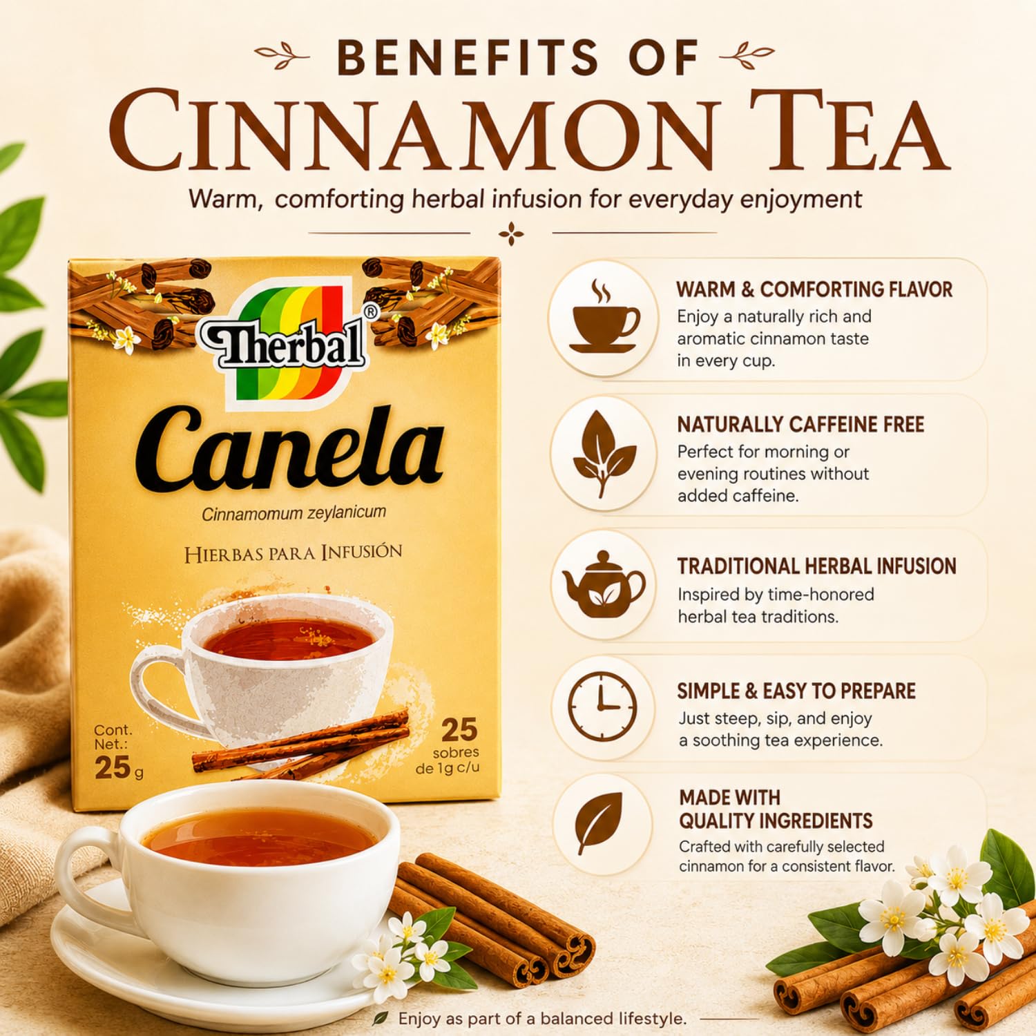 Té de Canela (Cinnamon Tea)25 tea bags - 100% Natural, Vegan - Premium Therbal Brand