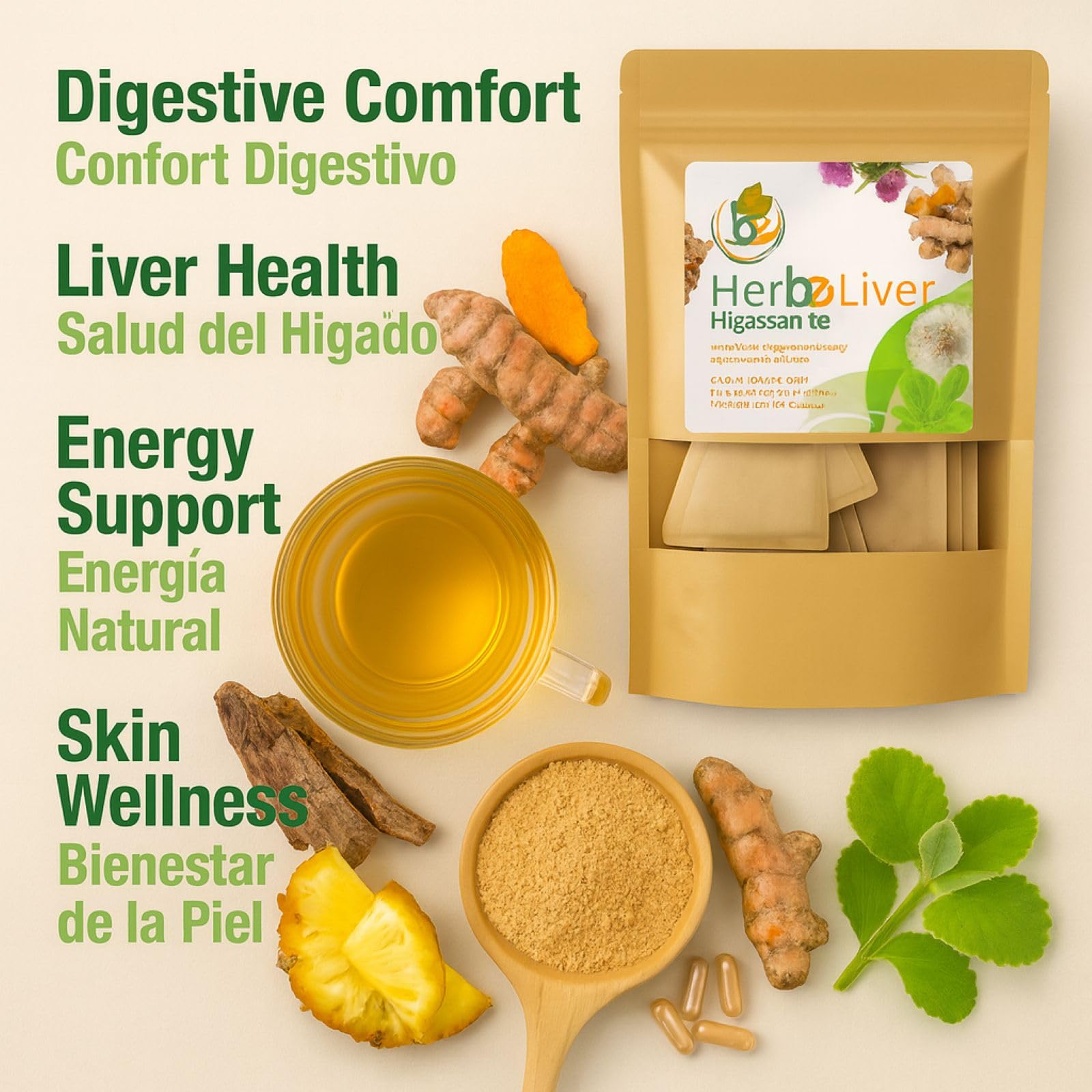 Cardo mariano, curcuma, diente de leon, boldo & cuachalalate TE (Milk thistle, turmeric, dandelion, boldo & cuachalalate) 24 Tea Bags, 100% natural