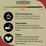 Cafe Supremo Espresso Coffee, Dark Roast, 100% Espresso Ground Coffee with a Latino Taste Blend, Vacuum Sealed Brick (8.8 Ounce, Pack of 12)