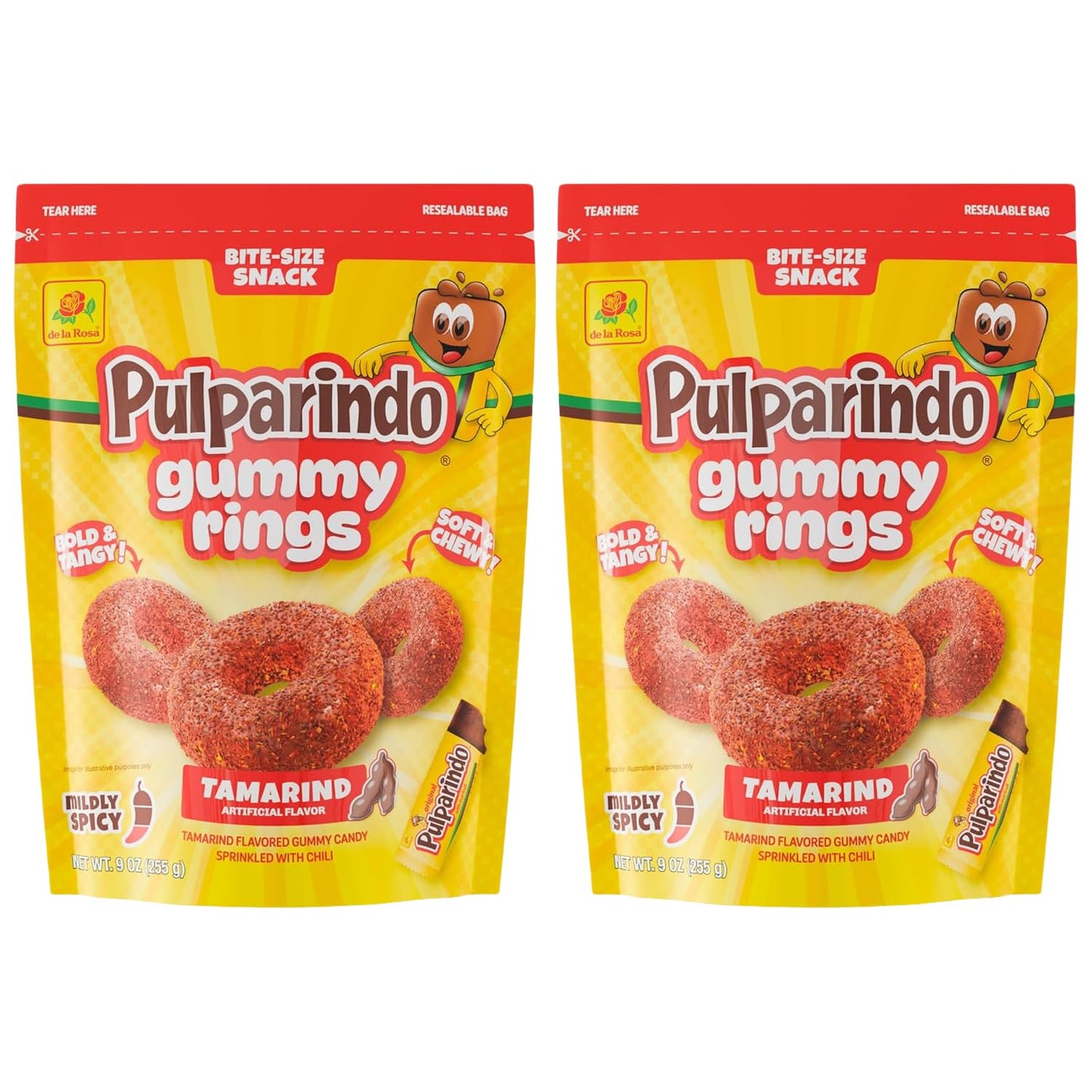 De la Rosa Pulparindo Gummy Rings Candy 9oz Bag (2 Pack) - Mildly Spicy Soft & Chewy Mexican Candy, Bite-Size Snack, Watermelon, Tamarind or Mango