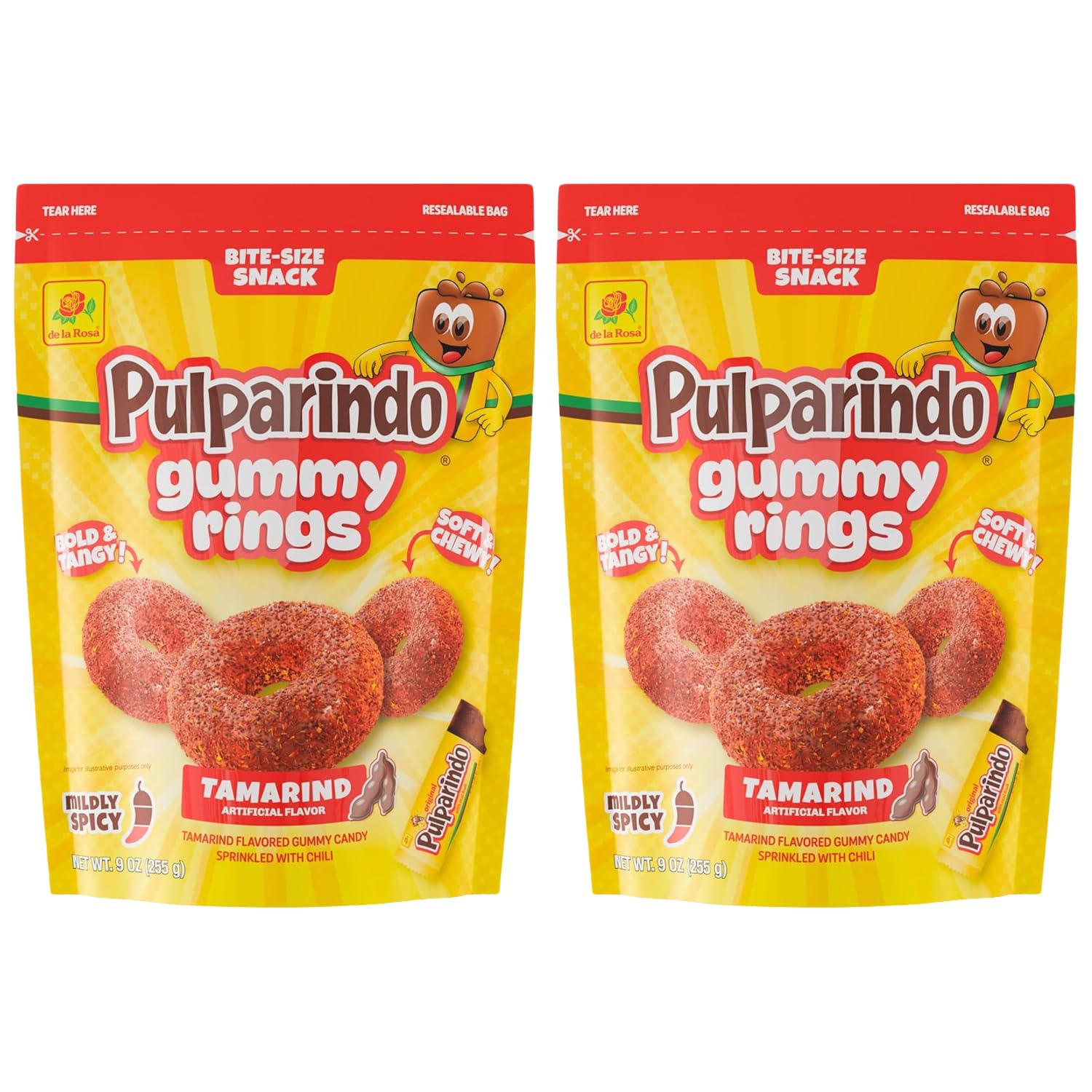 De la Rosa Pulparindo Gummy Rings Candy 9oz Bag (2 Pack) - Mildly Spicy Soft & Chewy Mexican Candy, Bite-Size Snack, Watermelon, Tamarind or Mango