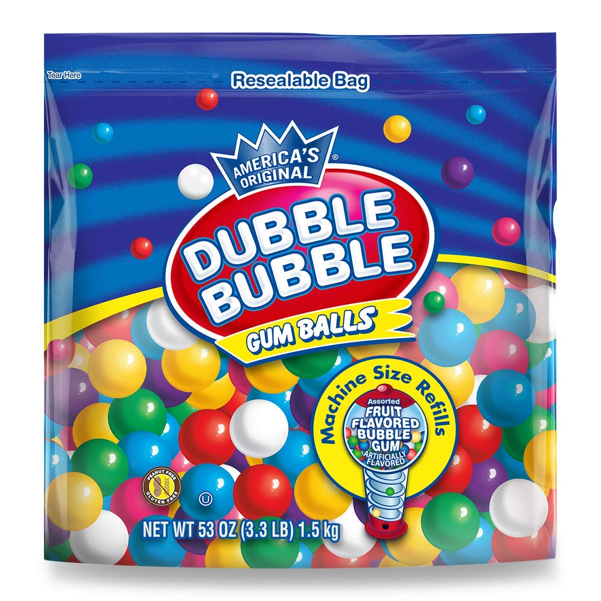 Dubble Bubble Gumball Machine Refill - More than 3 Pounds of Bulk Bubblegum Balls - .5 Inch Assorted Gumballs for Small Mini Candy Dispenser - 53