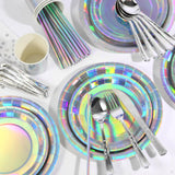 200 pieces of silver party supplies, disposable tableware set, silver paper plates, cups, napkins, plastic knives, forks and spoons, for 25 people