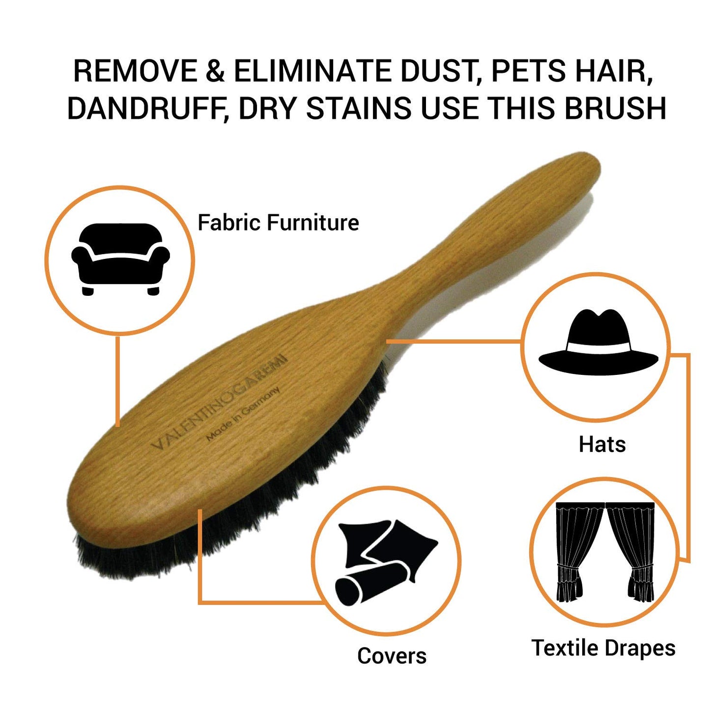 Valentino Garemi Clothes Brush - Boar Bristle Garment Brush for Suits, Jackets & Wool - Removes Lint, Dust & Pet Hair - Wooden Handle - Made in