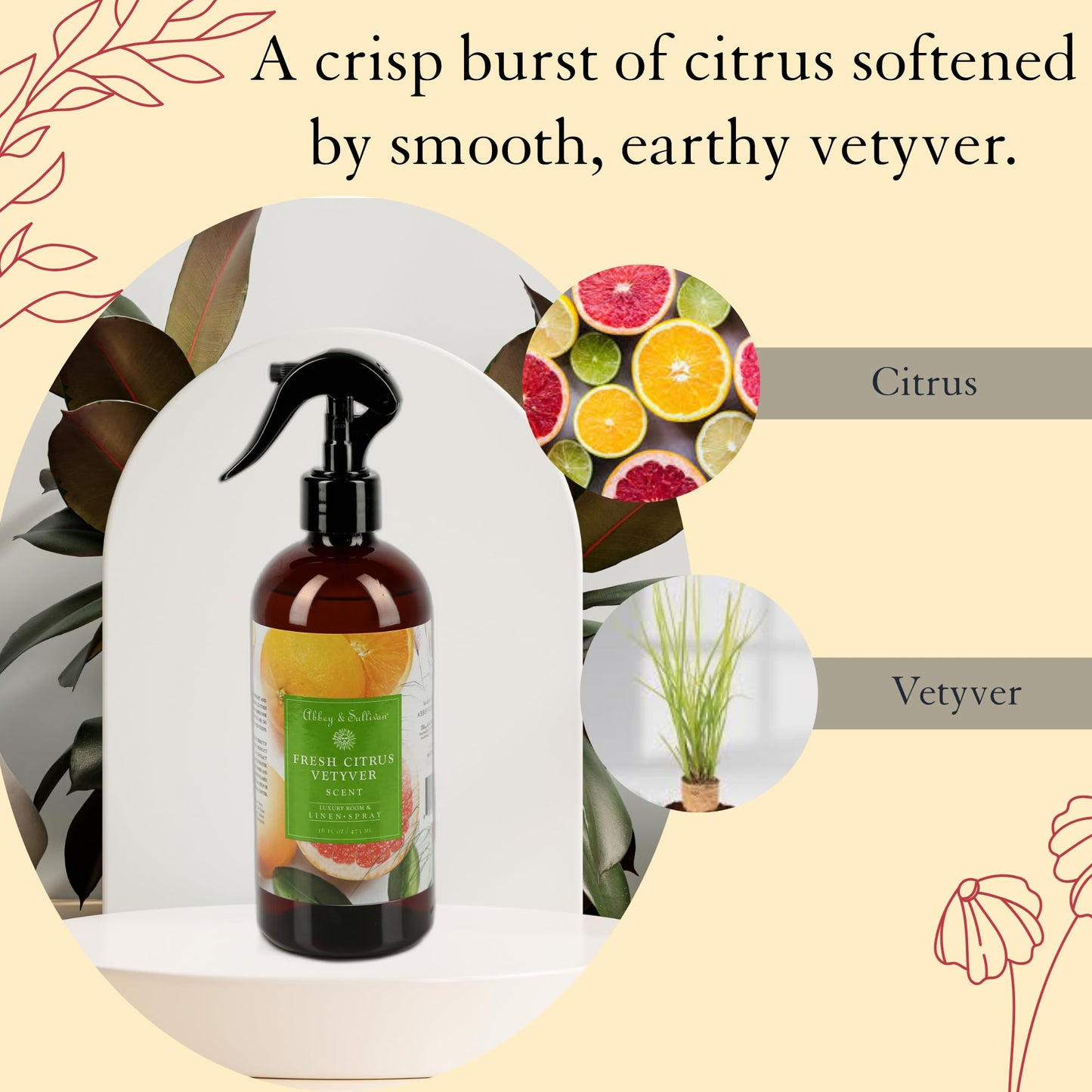 Abbey & Sullivan Linen Spray, Fresh Citrus Vetyver, 16 oz