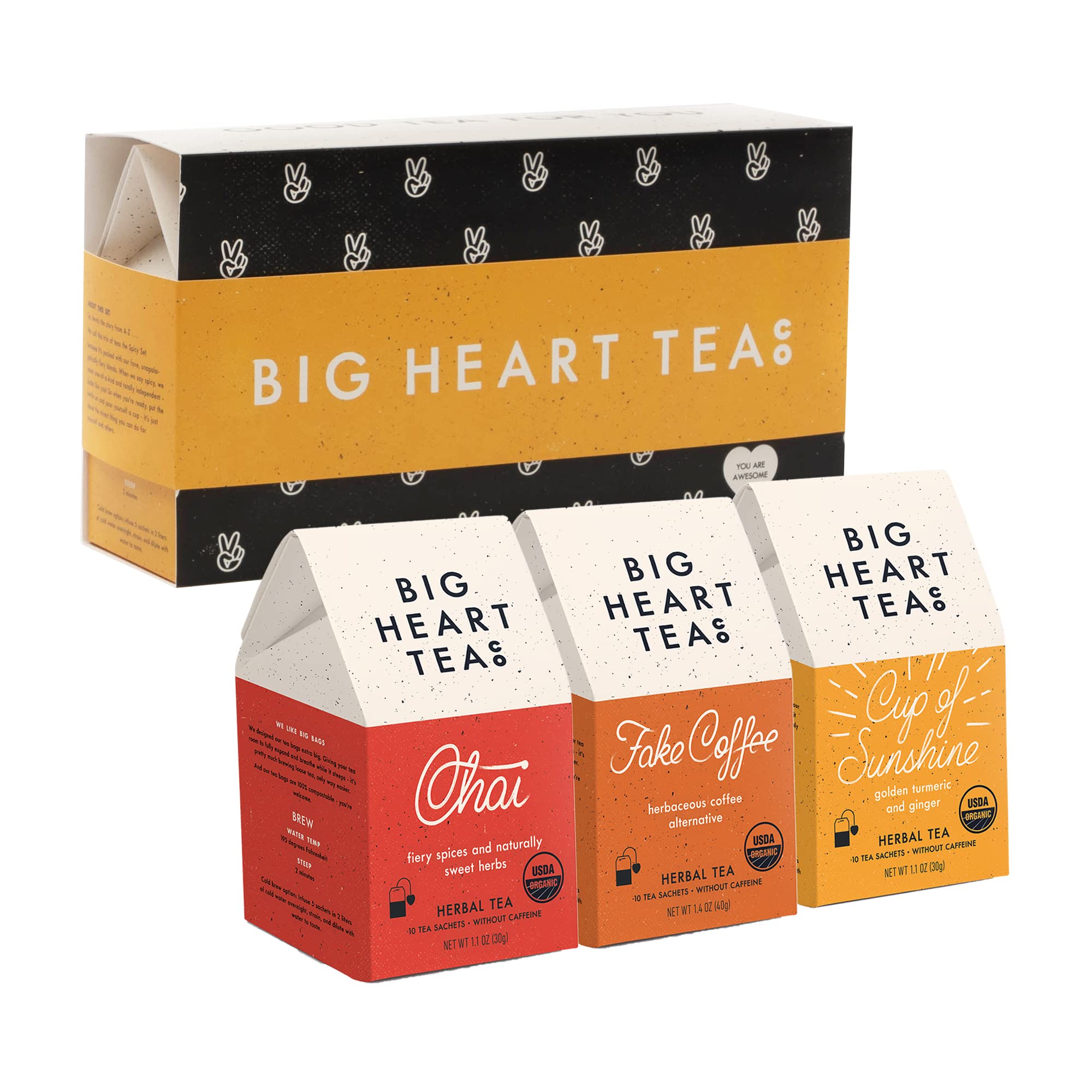 Big Heart Tea Co. Spicy Tea Bags Gift Set - Certified Organic, Ayurvedic Herbal Tea - Small Batch Ground Herbs, Spices in Zero Plastic Sachets