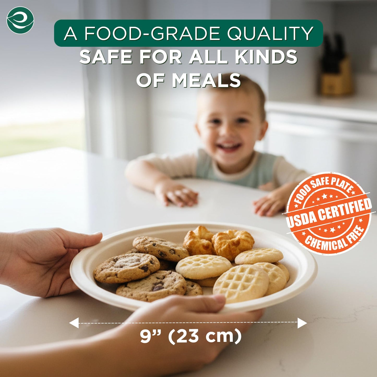 ECO SOUL Compostable Paper Plates 9 Inch, 50 Pack - Heavy Duty Disposable Dinner Paper Plates, Natural Bagasse, Leak-Resistant, Microwave Safe