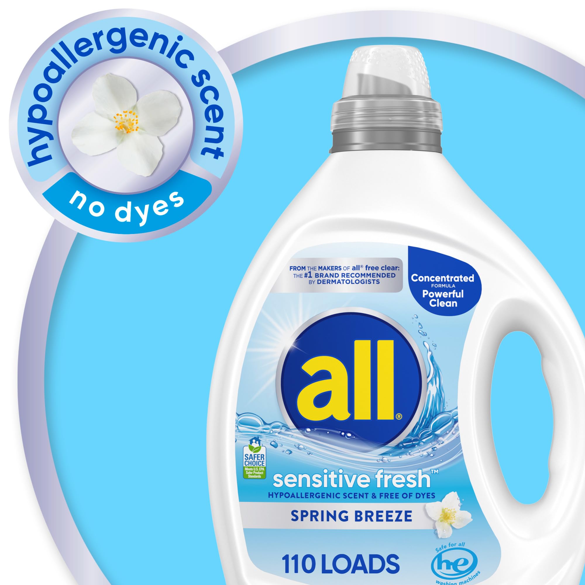 all sensitive fresh™, Spring Breeze, Scented Liquid Laundry Detergent for Sensitive Skin, Hypoallergenic, Free of Dyes, Concentrated, 82.5oz, 110