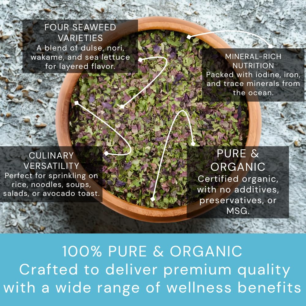 Ocean's Balance Organic Four Flake Seaweed Blend, perfect for topping rice, noodles, salads, soups, and avocado toast.(0.7oz)