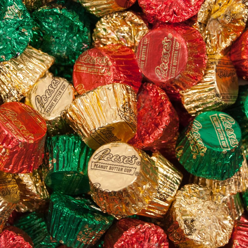1,350ct Christmas Miniature Peanut Butter Cup Candies In Red, Gold And Green Foil Plus Free Exclusive Festive Holiday Stickers For DIY Party Favors