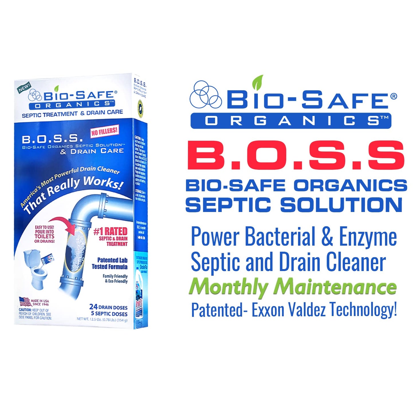 B.O.S.S. Septic Tank Treatment - 12.5oz Powder - 24 Drain or 5 Septic Doses - Patented Bacterial Enzyme - 100% Treats Odors Clogs Backups Pumpouts