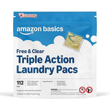 Amazon Basics Laundry Detergent Pacs, Free & Clear, Powerful Triple Action, Hypoallergenic, Unscented, 112 Count