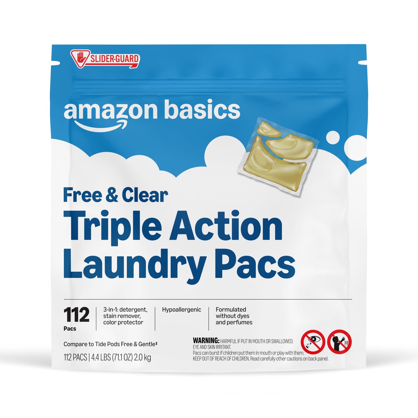 Amazon Basics Laundry Detergent Pacs, Free & Clear, Powerful Triple Action, Hypoallergenic, Unscented, 112 Count