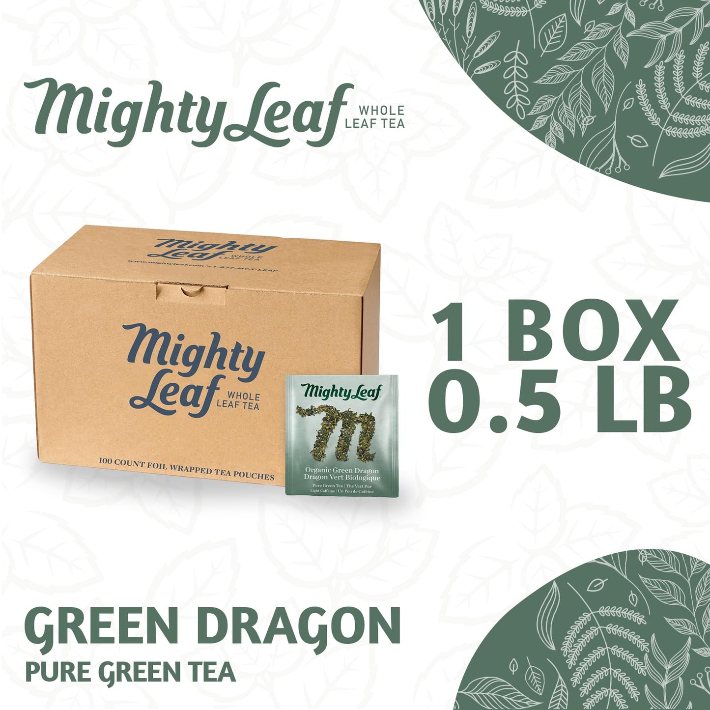 Mighty Leaf Organic Green Dragon Tea - 100 Count Whole Leaf Green Tea Bags - Smooth & Earthy Flavor - Premium Silk Pouches for Wellness and Natural