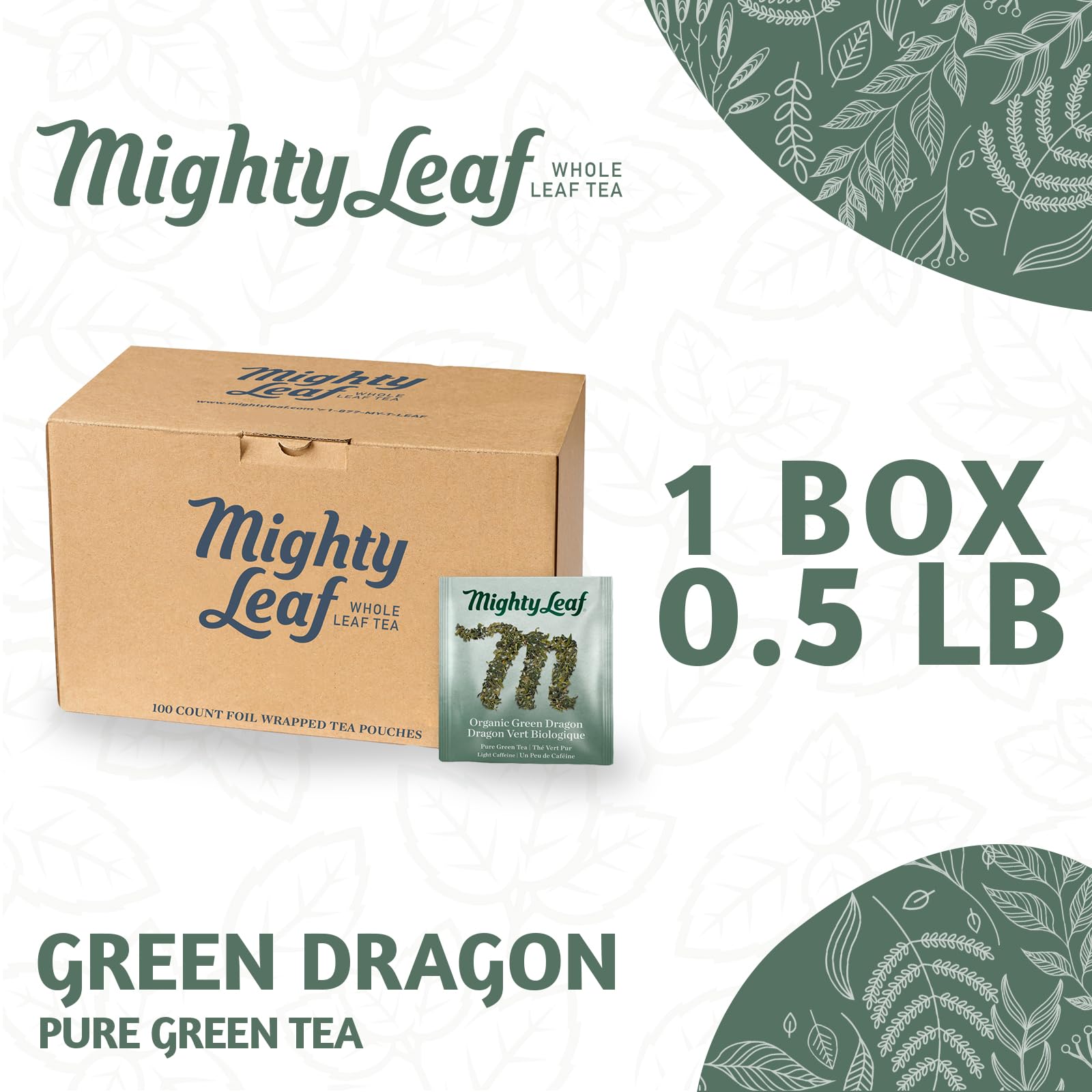 Mighty Leaf Organic Green Dragon Tea - 100 Count Whole Leaf Green Tea Bags - Smooth & Earthy Flavor - Premium Silk Pouches for Wellness and Natural