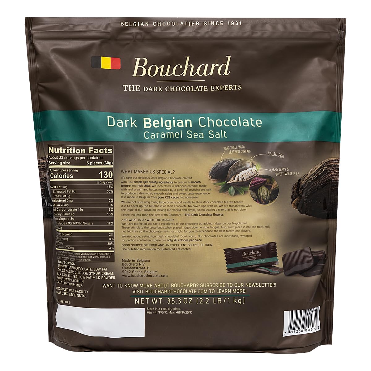 Bouchard Belgian Dark Chocolate Caramel Sea Salt Napolitains 35.3 OZ (2.2 LB/1KG)