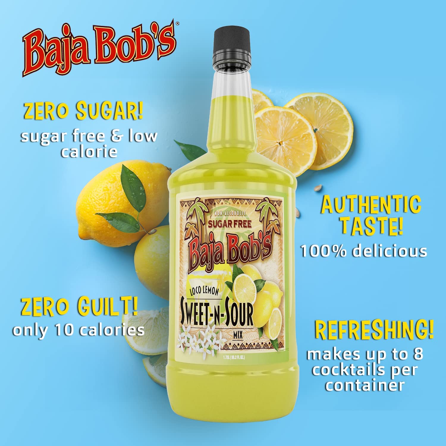 Baja Bob's Sweet n Sour Mix 1.75 L Bottle - Sugar Free Cocktail Mixer - Keto Friendly - Low Calorie - Low Carb - Non-Alcoholic Margarita Mix