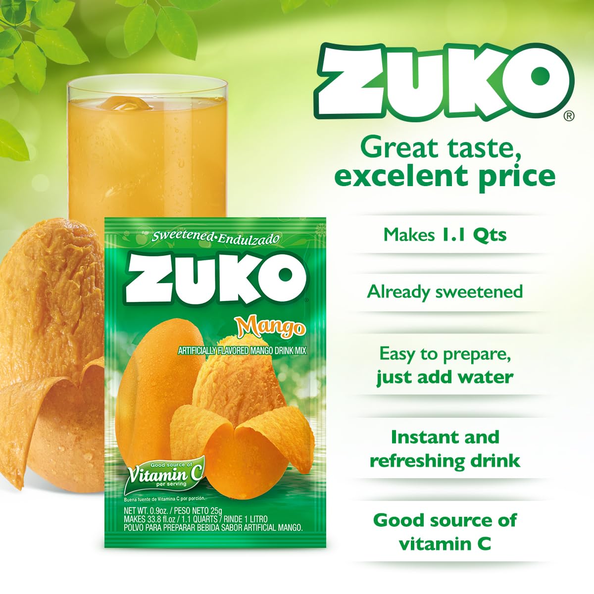 Zuko Instant Beverage Drink Mix, Flavor Mango Powdered, No Added Sugar Needed, 48 Ct Individual Packets