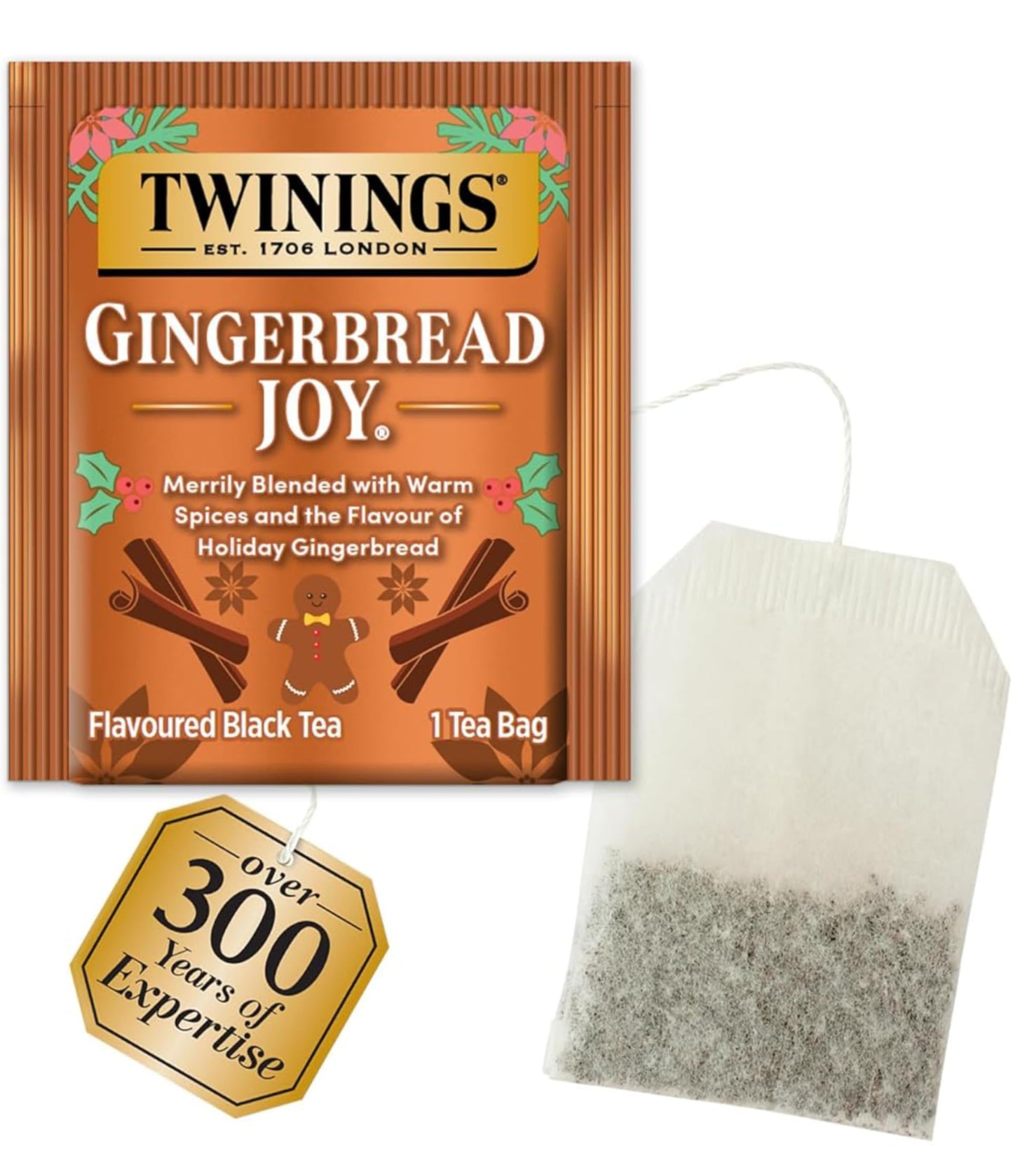 Twinings Gingerbread Joy Holiday Tea, Black Tea Naturally Flavored with Cinnamon and Ginger, Tea Bags Individually Wrapped, 20 Count Ea (Pack of 2)