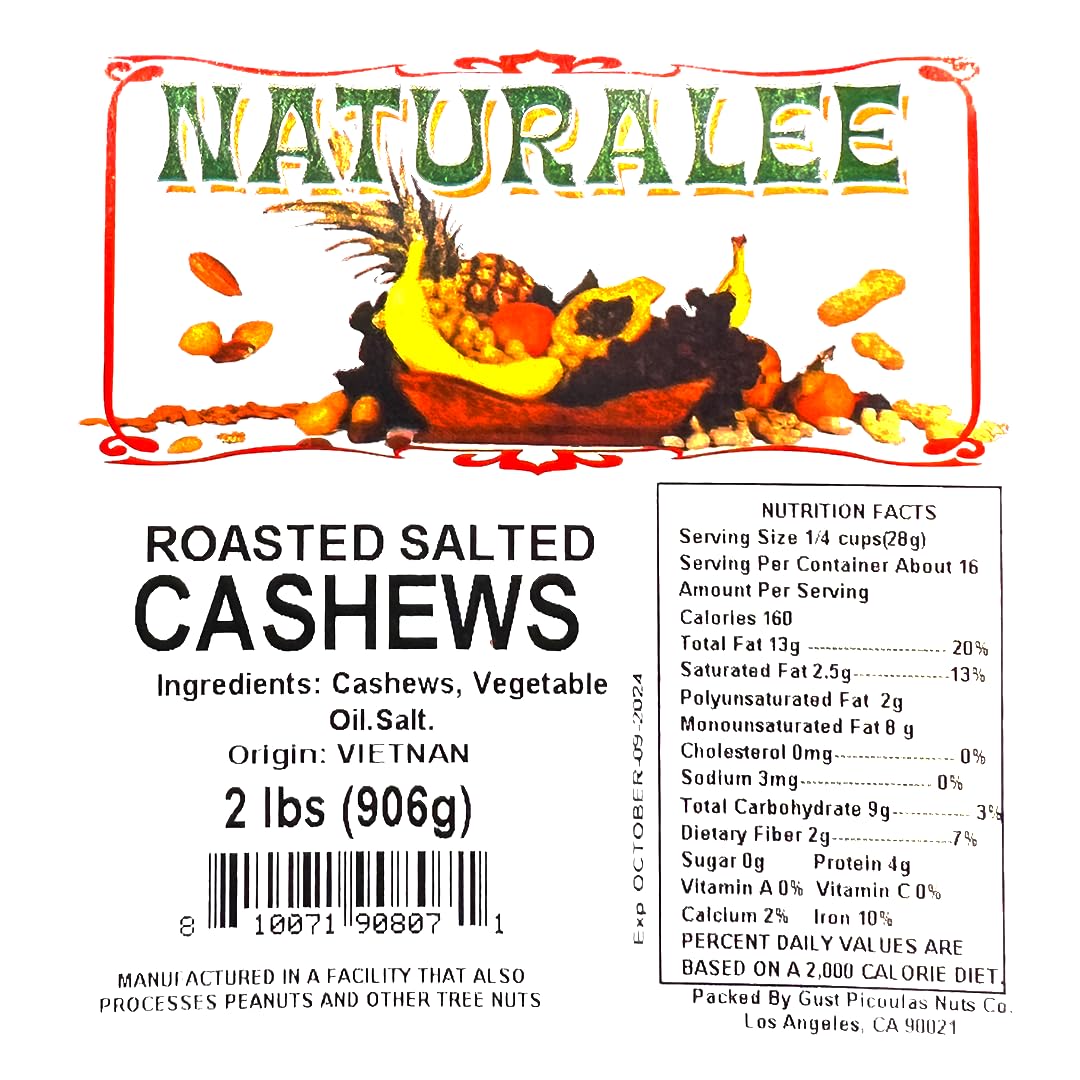 Naturalee Cashews 2 lbs - Roasted, Salted - Natural Heart Healthy Snack