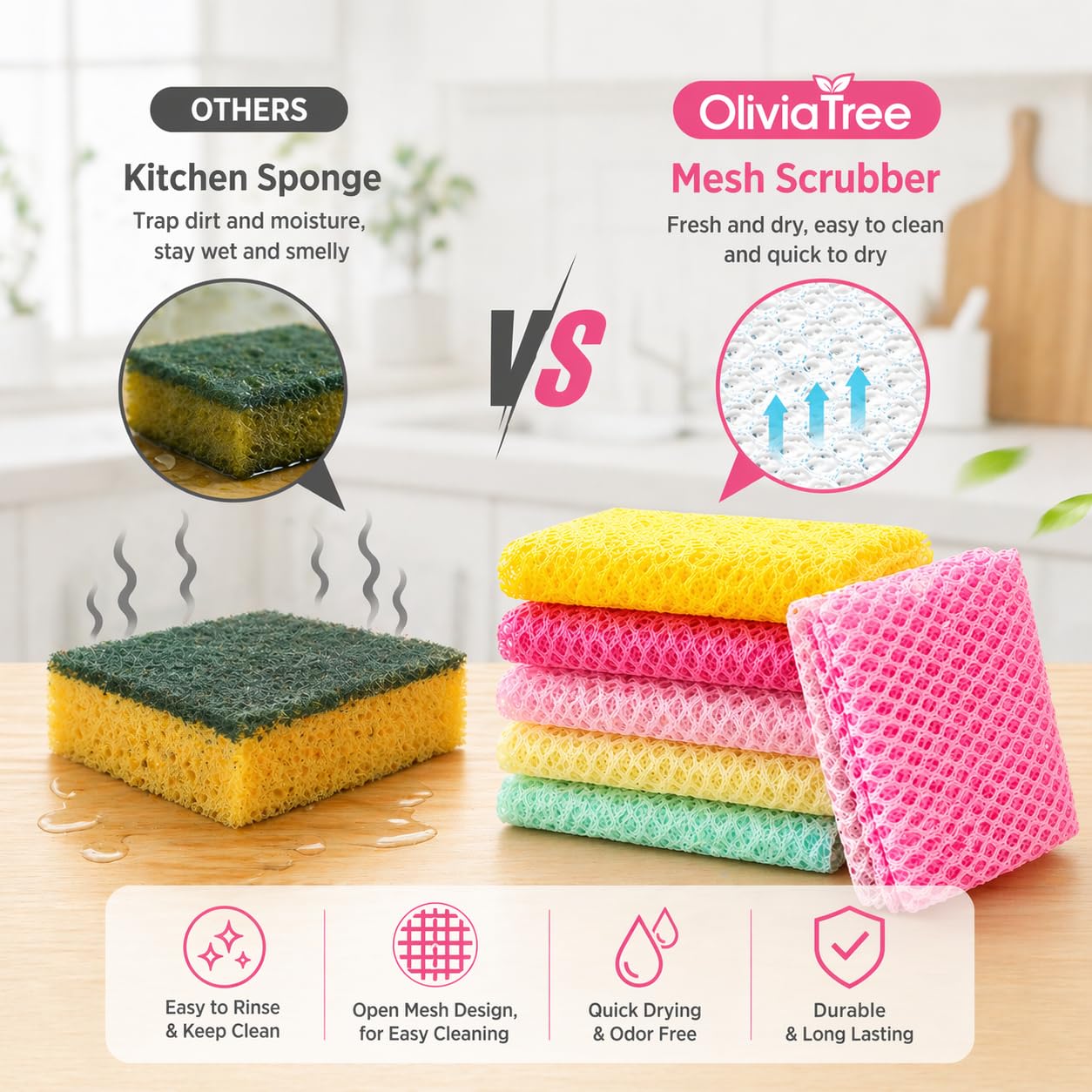 OliviaTree Dish Scrubber 5 Pack, Non Scratch Reusable Mesh Scrub Cloth for Washing Dishes Pots Pans Sink, Quick Dry Odor Resistant Sponge Alternative