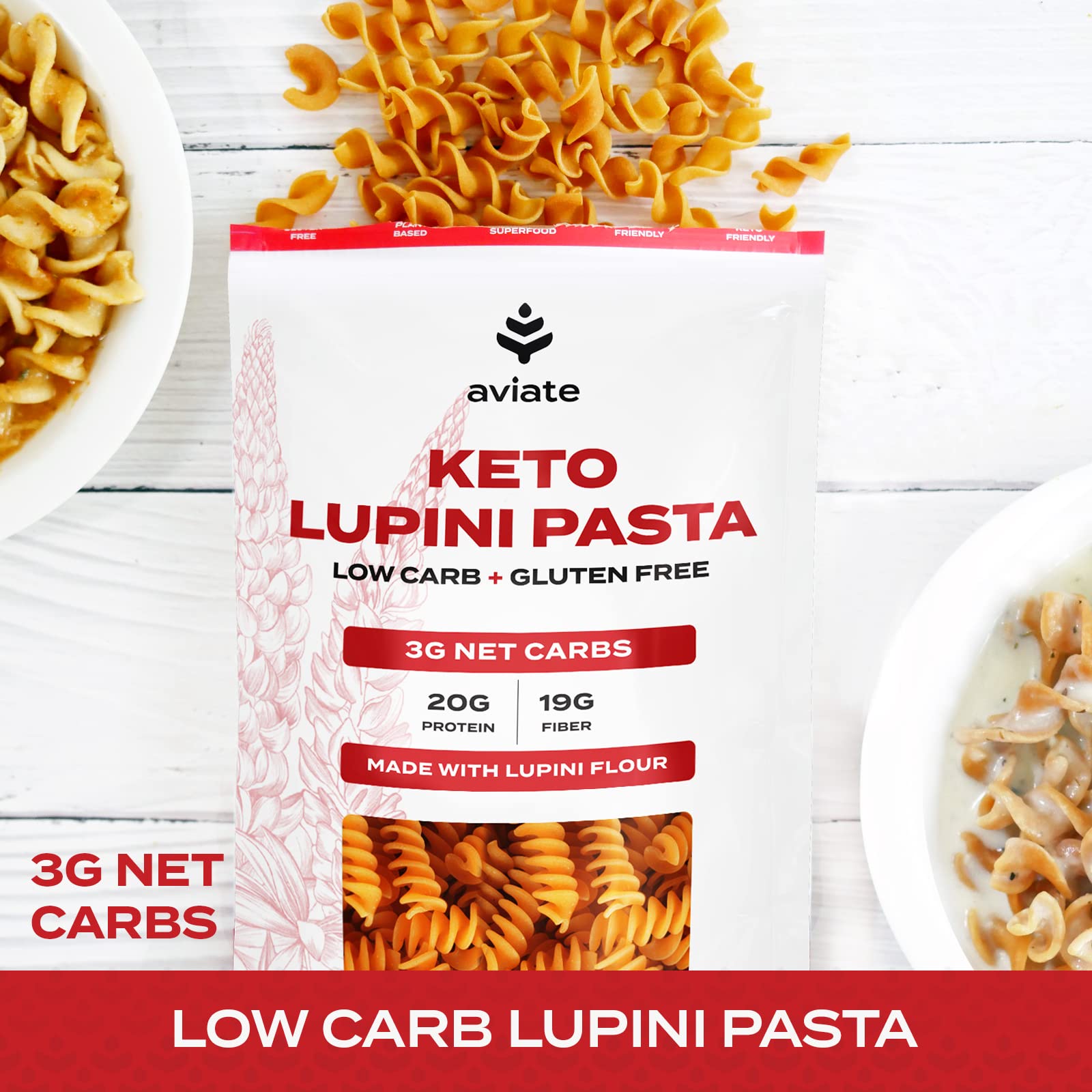Aviate Keto Pasta Rotini - Low Carb (3g Net) Lupini Noodles, High Protein (20g), Gluten-Free, Made with Lupin Flour, Plant Based Vegan, Keto-friendly