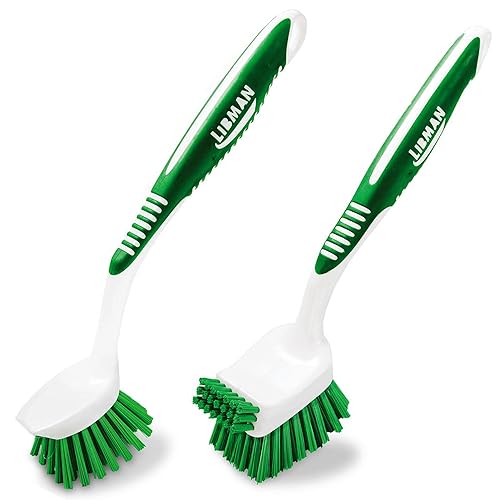 Libman Dish Brush Set with Long Handle - Deep Cleaning Brushes - Dish Scrubber & Scraper - Kitchen Scrub Brush for Dishes, Sinks, Pots, Pans