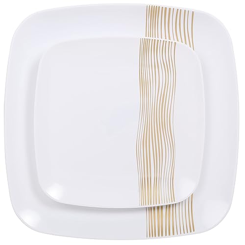 R-kay Gold Plastic Plates - 40 Pack - 20 Square 10.25'' & 20 Round 7.5'' Disposable Plates - Heavy Duty Plastic Plates for Party & Wedding