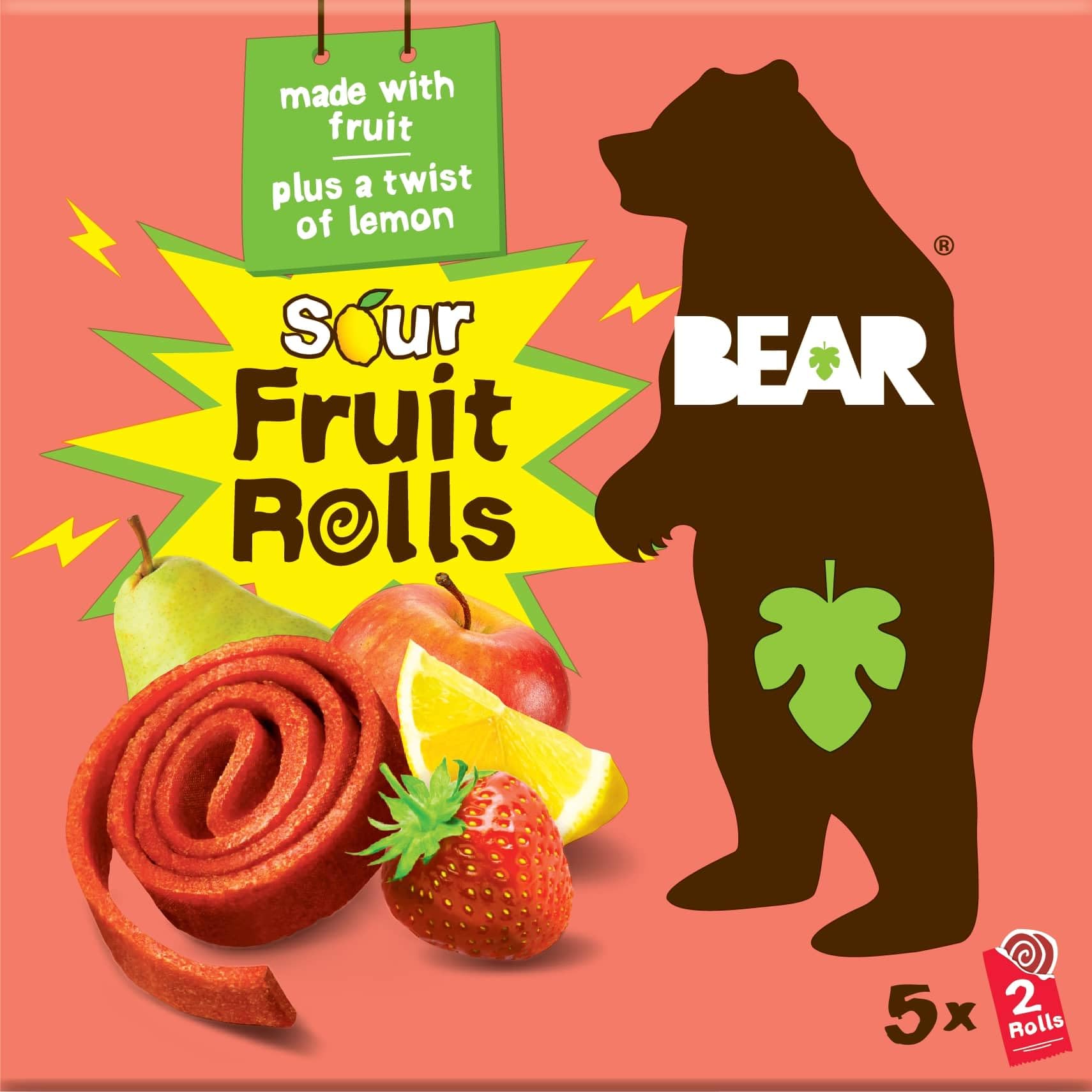 BEAR Sour Fruit Snack Rolls, Strawberry Lemon - 0.7 Ounce (5 Count) - Gluten Free, Vegan, and Non-GMO - Healthy School And Lunch Snacks For Kids