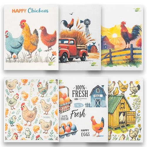 SWEDEdishcloths - Cellulose Sponge Dish Towels - Mixed Set of 6 (One of Each Design) Chickens Swedish Dish Cloths