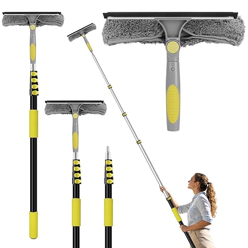 Window Squeegee with Extension Pole, 20FT Reach Squeegee for Window Cleaning, 2-in-1 Windows Washer, 180°Rotated Windows Cleaner Squeegees, Washable