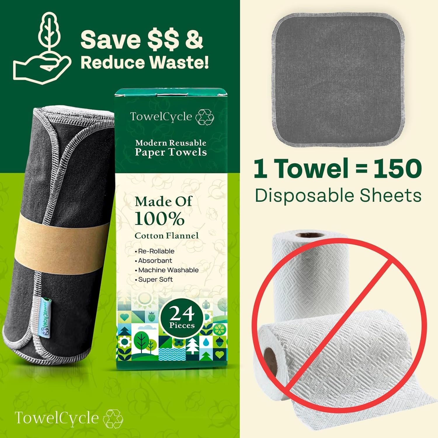 TOWELCYCLE Reusable Paper Towels (24 Pack) - 100% Cotton Hand Towels for Kitchen - Zero Waste Cleaning Cloths - Washable Paper Towels - Reusable