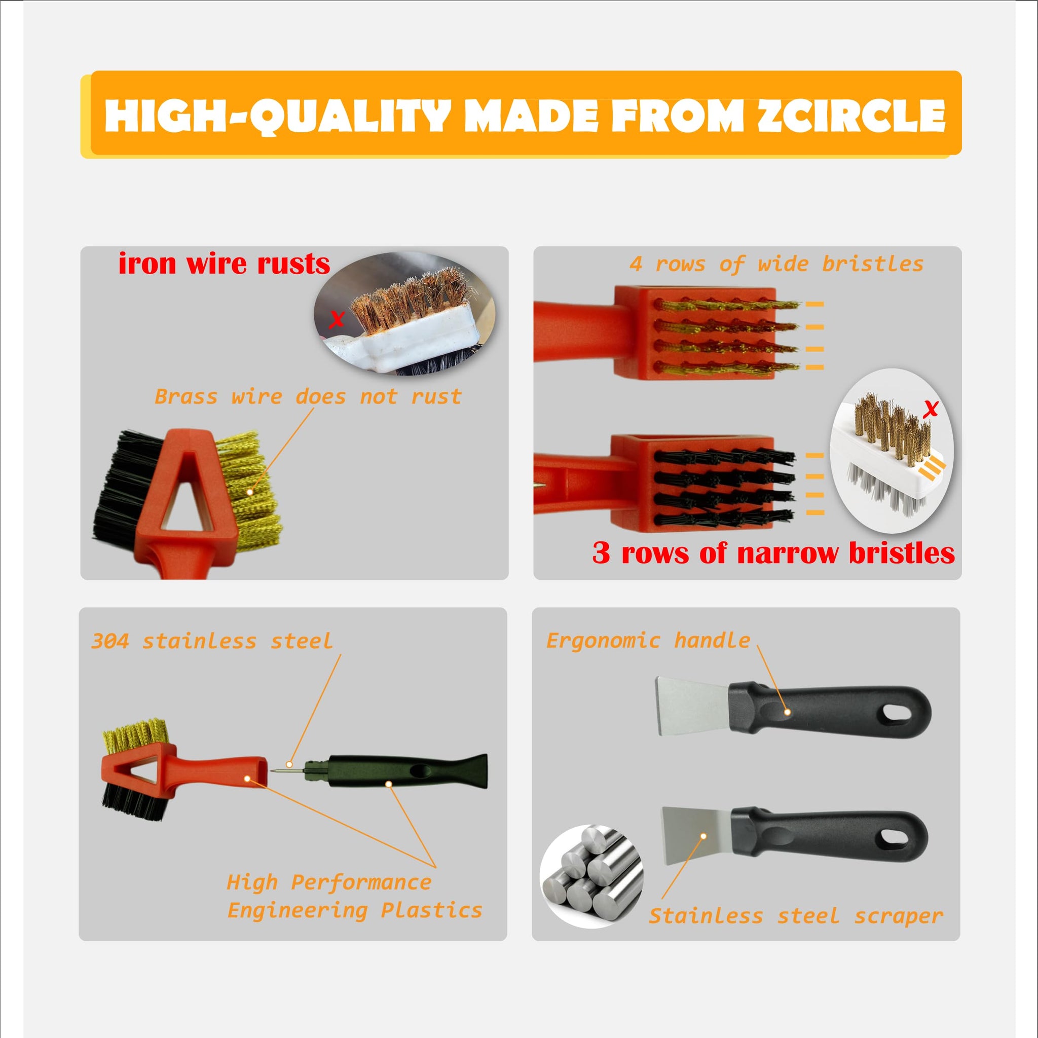 3Pcs (2 Heavy Duty Wide Using Stainless Steel Scraper and 3-in-1Kitchen Stove Cleaning Brush), Brass Brush,Wire Brush,Metal Brush,Nylon Brush, Rust