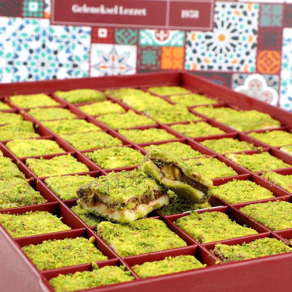 Pistachio-Filled Turkish Delight with Chocolate Coating | Gourmet Bohça Lokum | Authentic Turkish Sweets Gift Box, 26.5 oz
