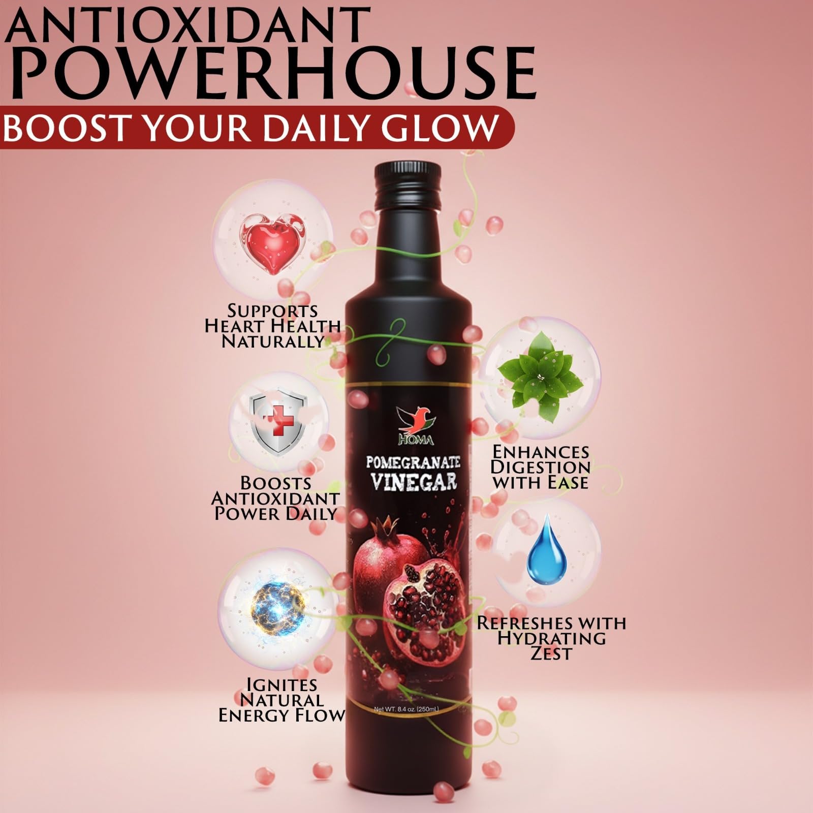 HOMA Pomegranate Vinegar - Gourmet Salad Vinegar for Cooking, Natural Tangy Culinary Flavor, Premium Glass Bottle, 8.4 Fl Oz (250ml), Inspired by Classic Balsamic vinegar