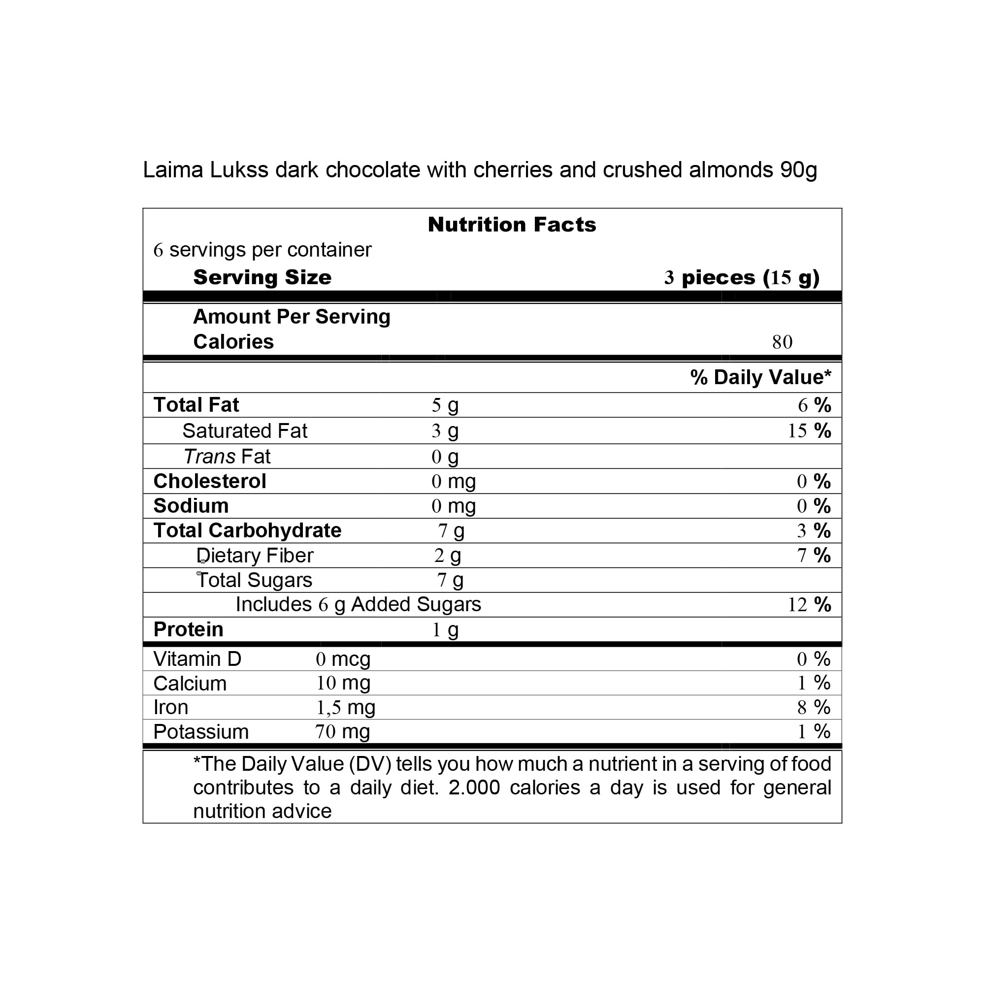 Laima Dark Chocolate (50%) with Cherries and Crushed Almonds, 90g Bars (Pack of 5), Lukss (Luxury)