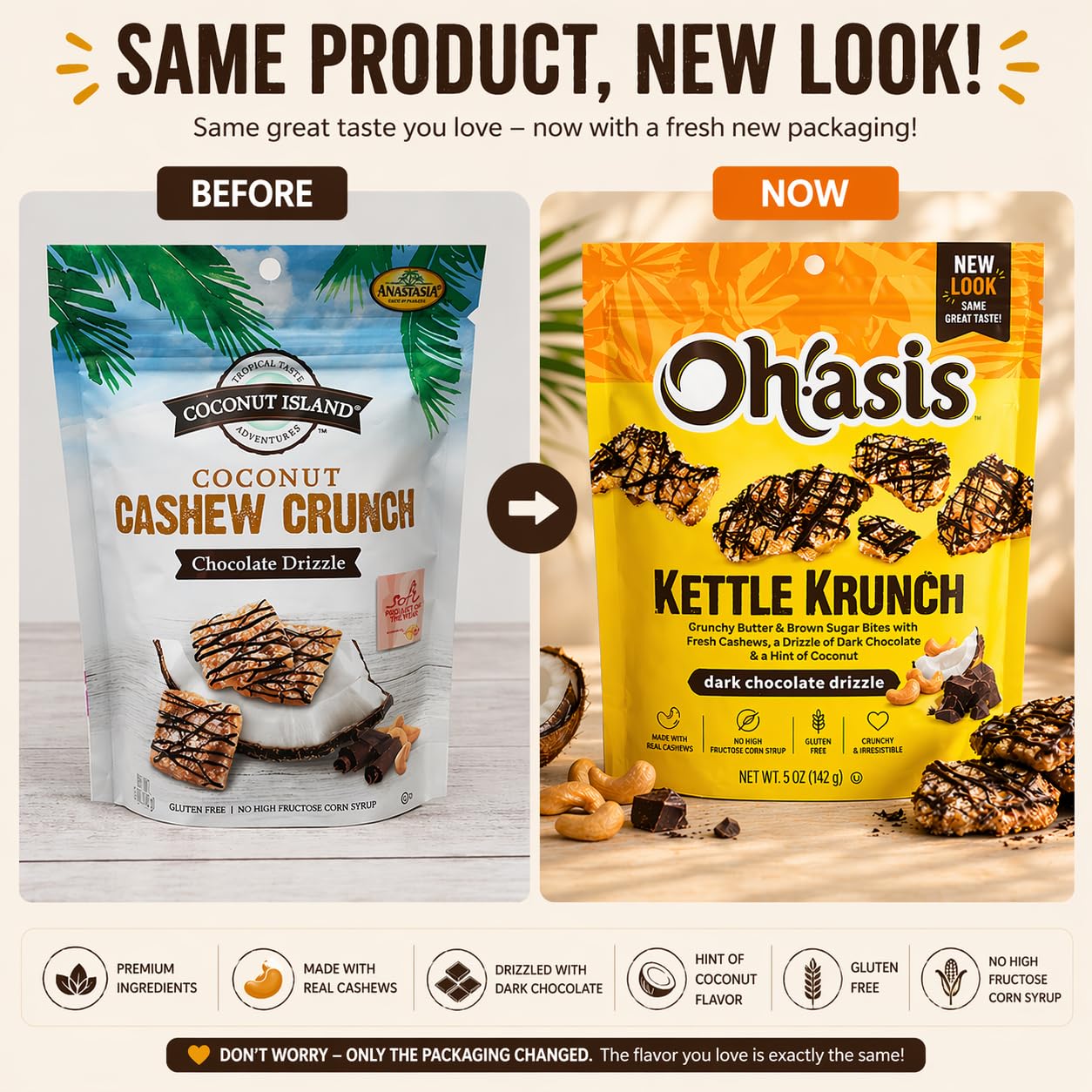 Kettle Crunch Cashew Snack Dark Chocolate Drizzle - Coconut Cashew Bites, Crunchy Brown Sugar Butter Snack, Gluten Free, No High Fructose Corn Syrup