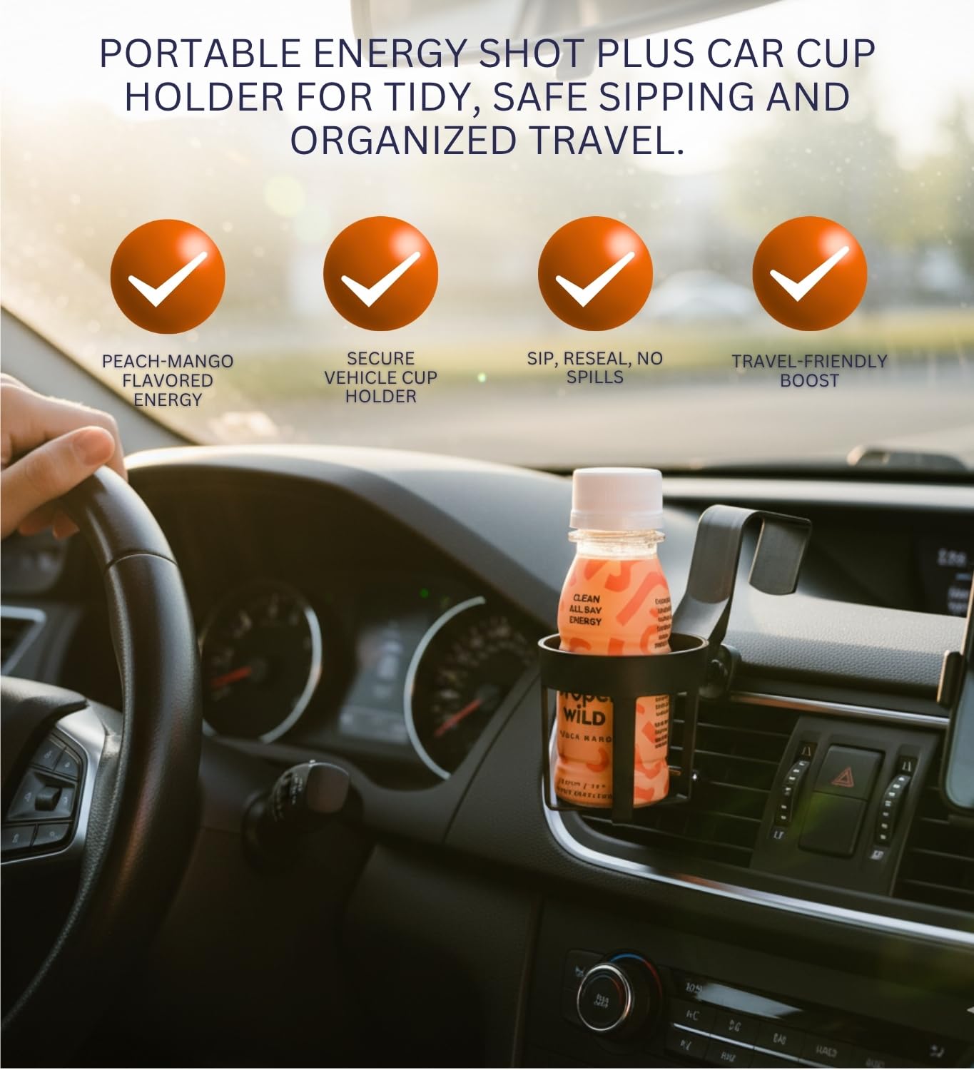 6x Energy Shot Peach Mango - 2.5 fl oz Bundle with Cup Holder - Refreshing Fruit Blend with Natural Caffeine and L-Theanine for Focus and Drive - Gift