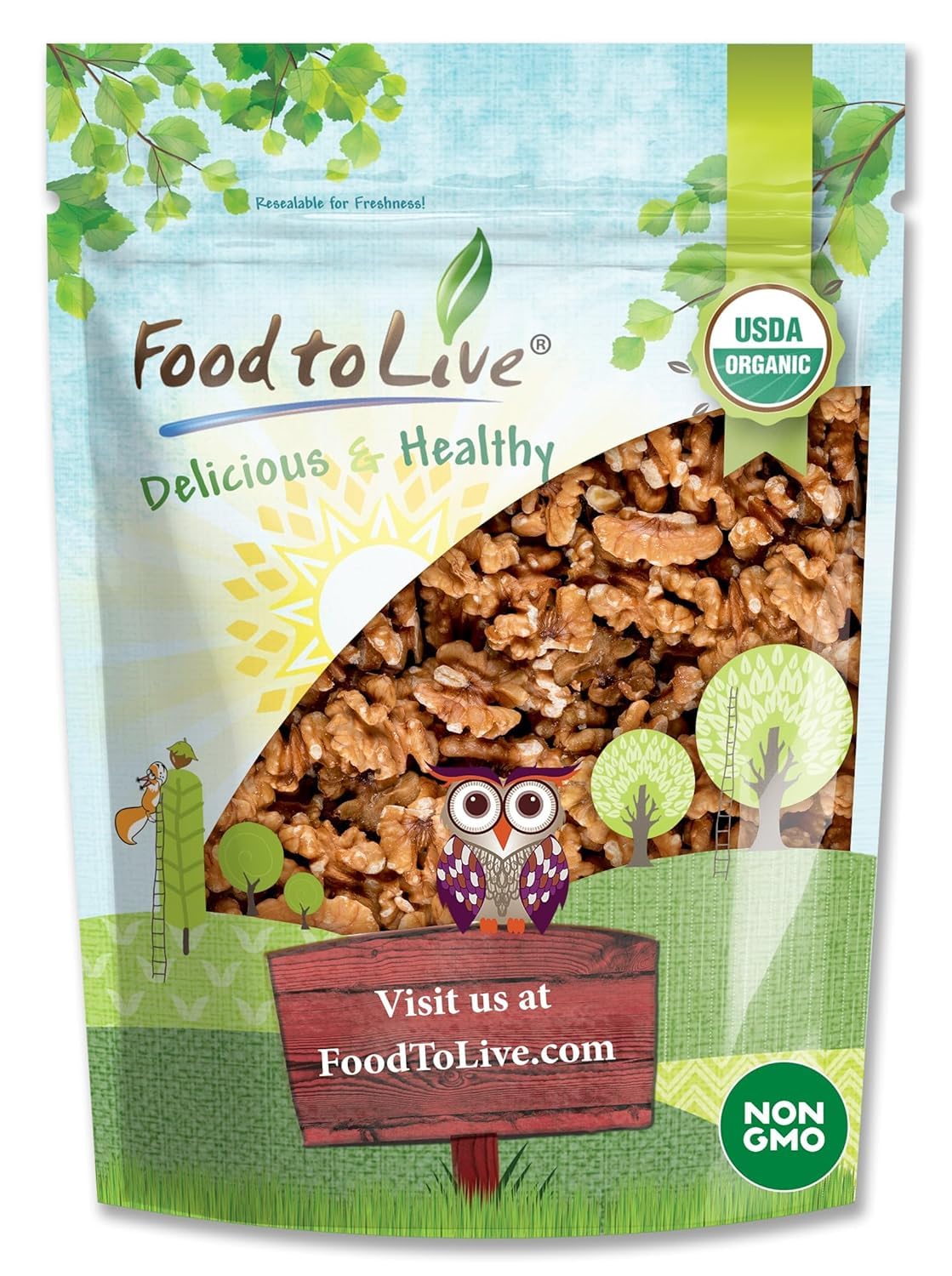 Food to Live Organic California Walnuts Halves & Pieces, 6 Ounces - Non-GMO, Raw, Unsalted, Shelled, Vegan, Kosher, Sirtfood, Bulk Snack. High in