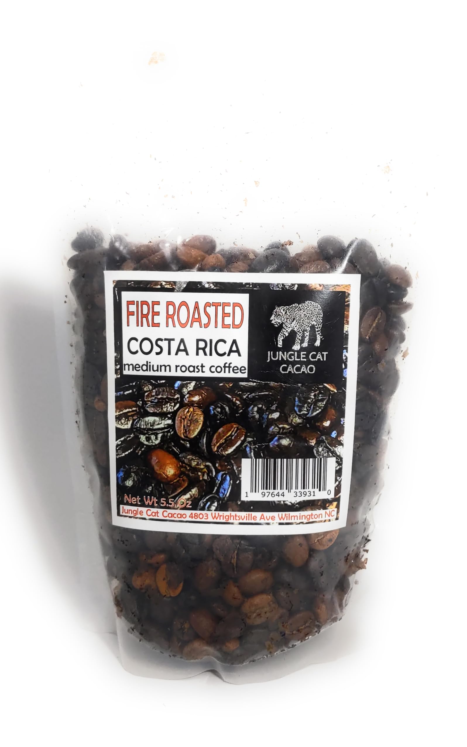 Jungle Cat Cacao - Fire Roasted Costa Rican Coffee - Medium Roast - Whole Bean - Rich and Smooth Flavor - Roasted Over Open Flame - 5.5oz.