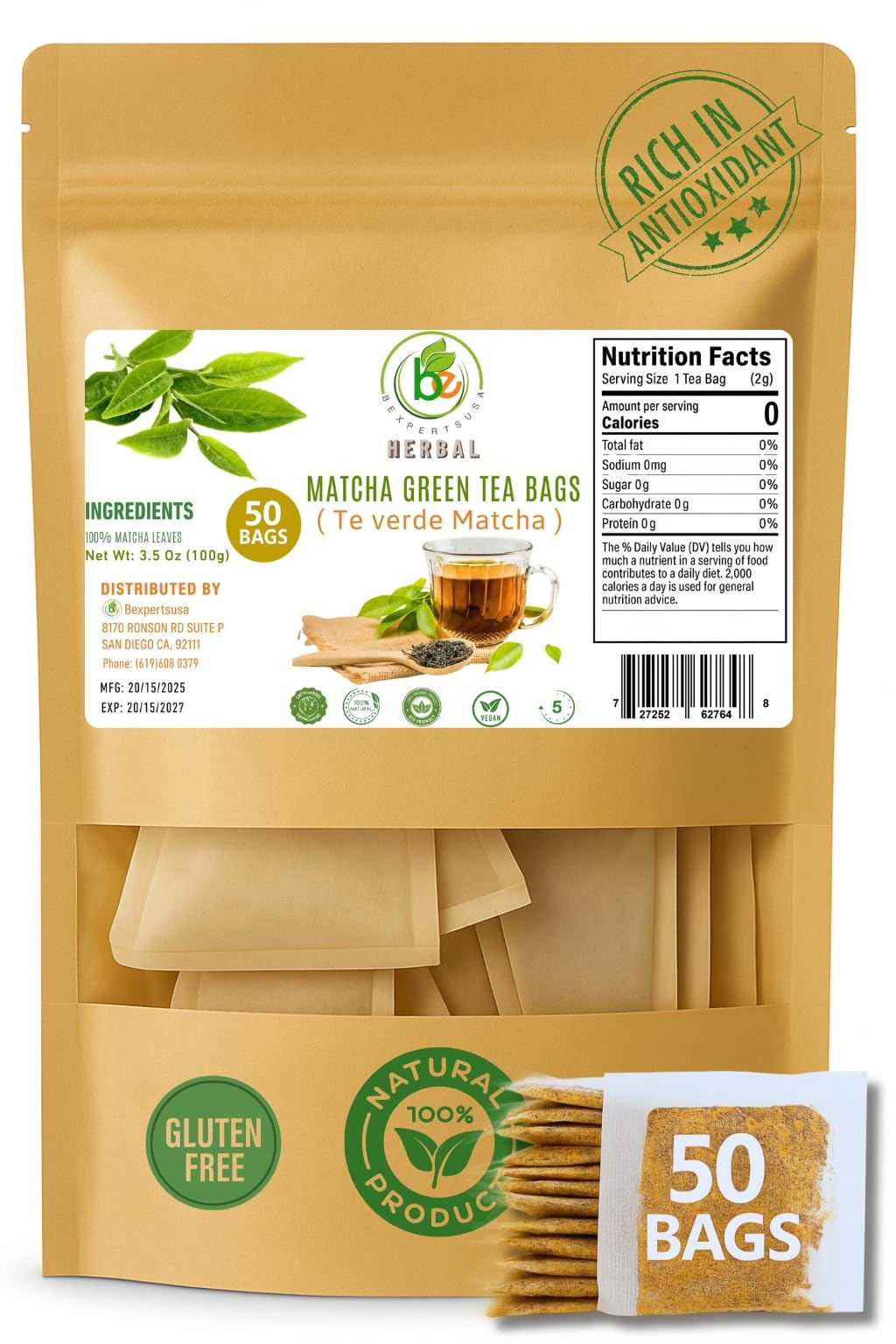 Green Matcha Tea - 50 Tea Bags (2 g Each) - Premium Japanese-Style Matcha for Hot & Iced Drinks - Antioxidant-Rich, Zero Calories - 100% Natural