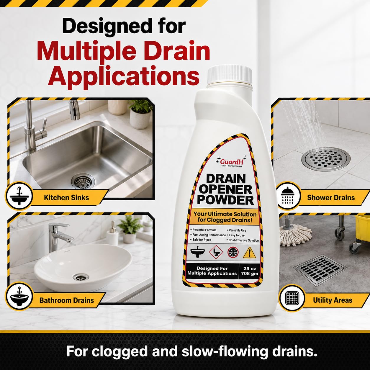 GuardH Drain Opener Powder 25 oz (708 g) - Fast-Acting Drain Cleaner for Kitchen Sink, Bathroom Drains, Shower & Pipes - Powerful Grease, Hair & Clog