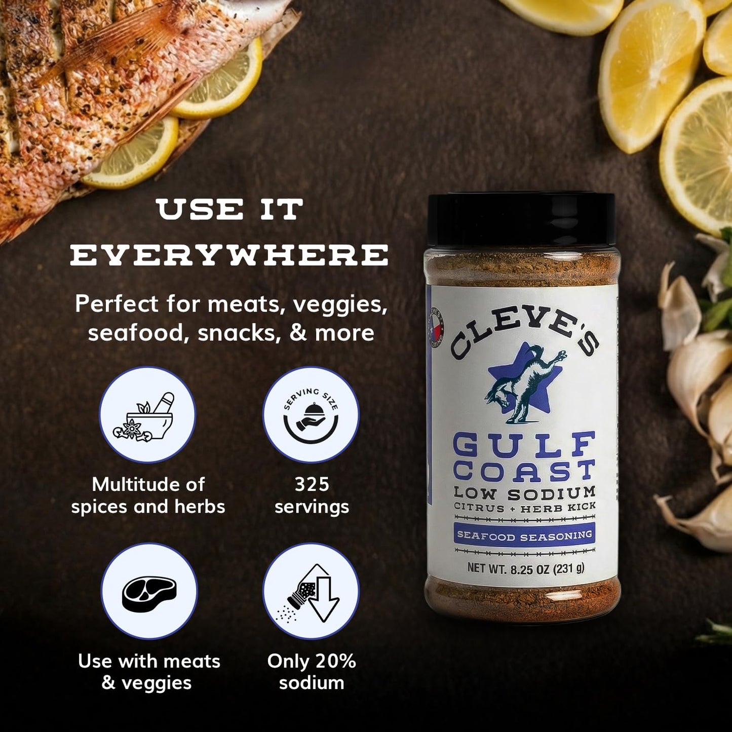Cleve's Gourmet Gulf Coast Citrus and Herb Kick, Fish, Shrimp & Seafood Seasoning for Grilling & Cooking, 8.25 oz
