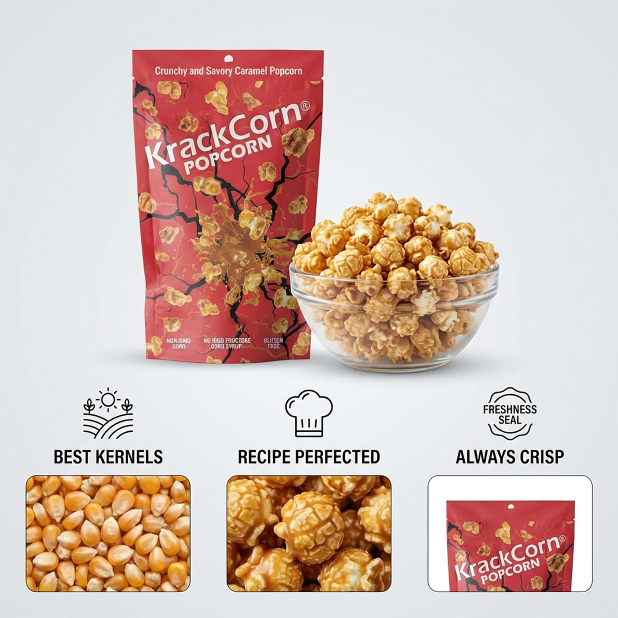 KrackCorn Caramel Popcorn, Gluten-Free, Non-GMO, Sweet and Salty Snack, No High Fructose, Guilt Free, Non Greasy Delight Ideal for Family Parties, 11