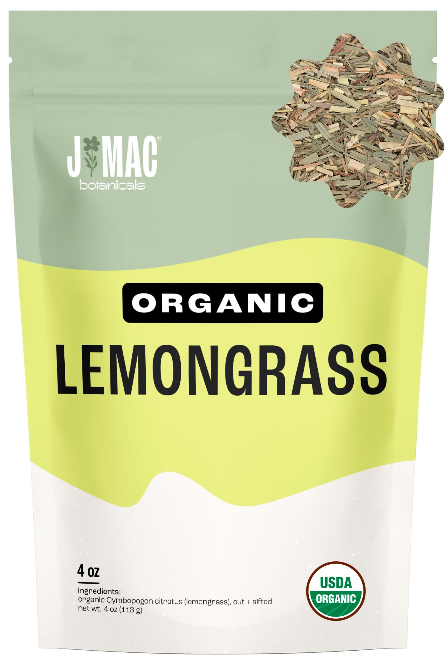 J MAC BOTANICALS Organic Lemongrass (4 oz) Certified USDA Organic, Cut & Sifted Dried Lemongrass tea from Egypt, resealable pouch. Packaged in the USA