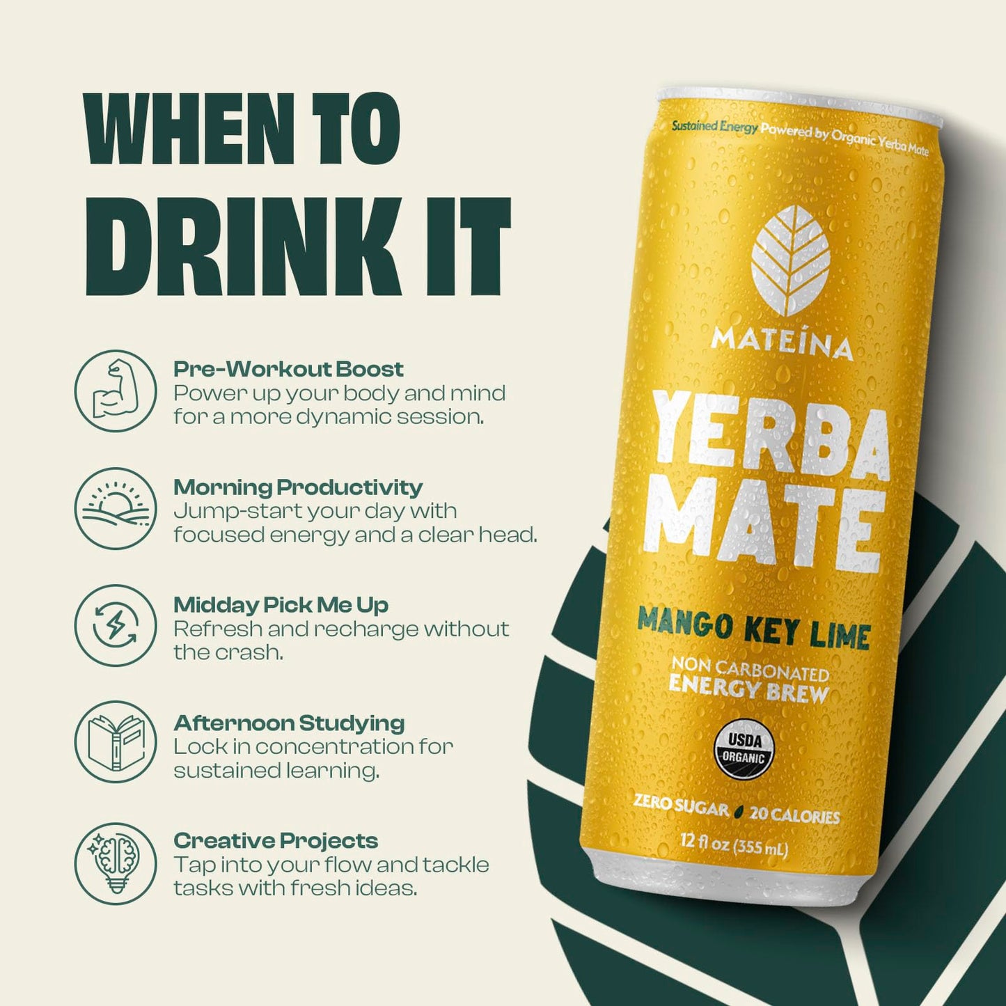 Mateina Yerba Mate Zero Sugar Energy Drink - 120mg Natural Caffeine - Organic, Non-GMO, Non-Carbonated - Dr. Andrew Huberman Recommended - (12 fl oz