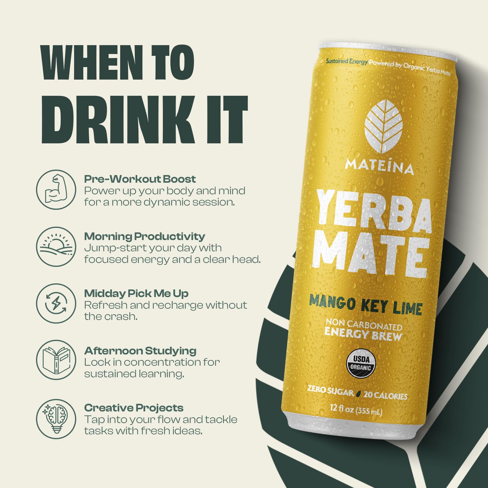 Mateina Yerba Mate Zero Sugar Energy Drink - 120mg Natural Caffeine - Organic, Non-GMO, Non-Carbonated - Dr. Andrew Huberman Recommended - (12 fl oz