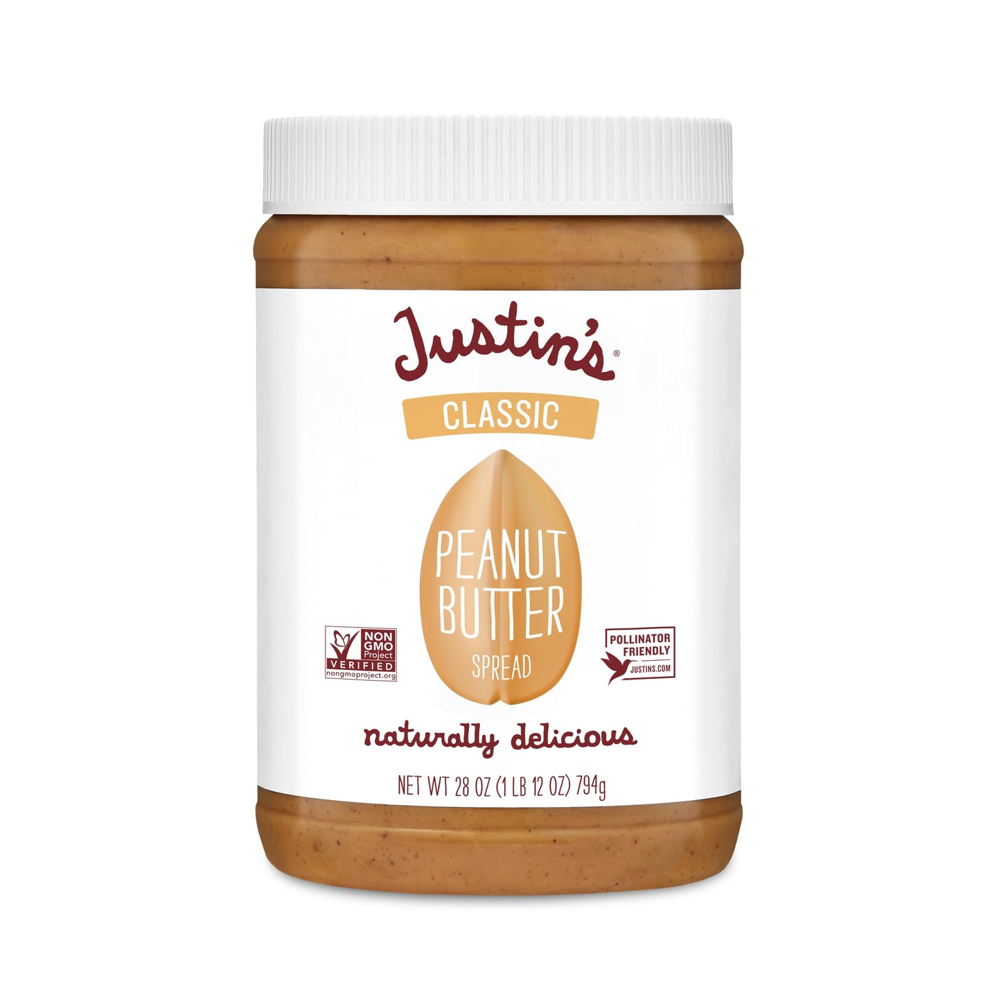 Justin's Classic Peanut Butter Creamy Spread, No Stir, Gluten-Free, 28 Ounce Jar, 1 Pack