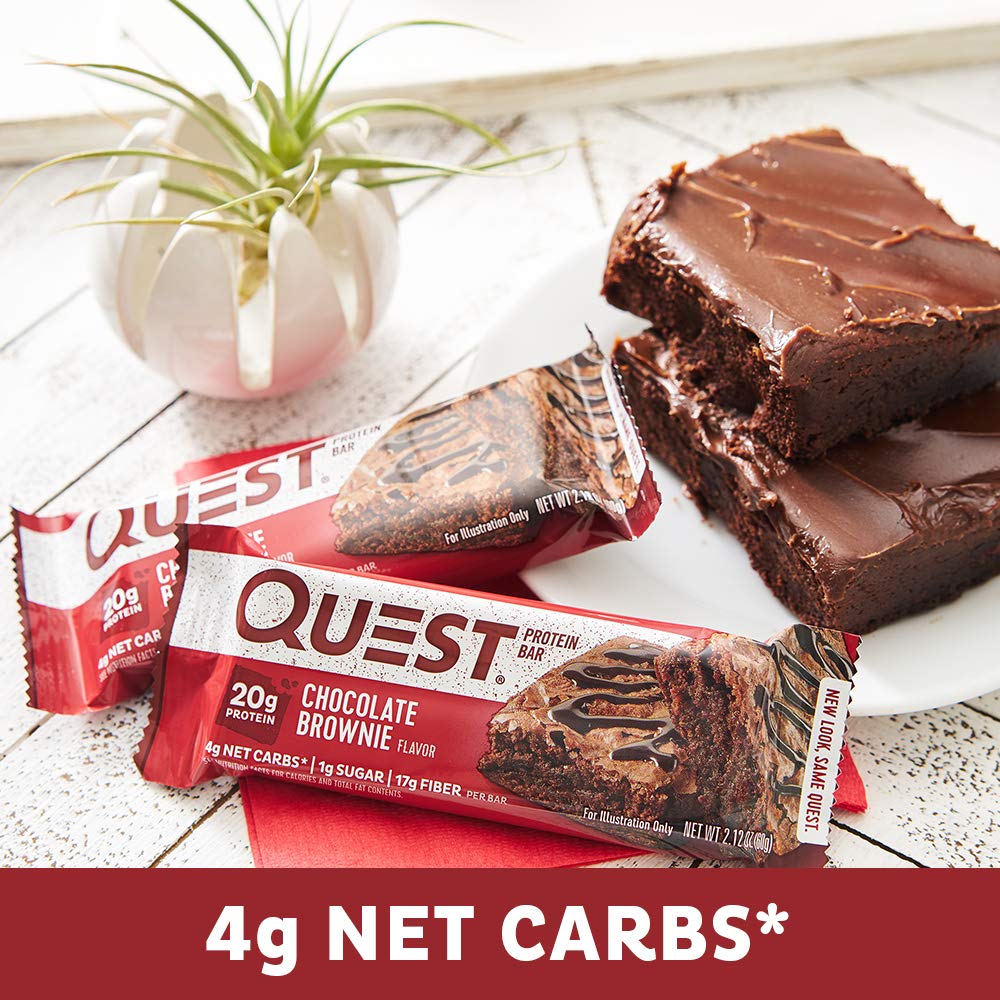 Quest Nutrition Chocolate Brownie Protein Bars, 20g Protein, 4g Net Carbs, 1g Sugar, High Fiber, Gluten Free, Keto Friendly, 4 Count